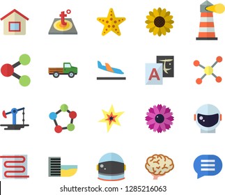 Color flat icon set warm floor flat vector, pickup truck, flower, oil pumping, lighthouse, molecules, molecule, spark, brain, astronaut helmet fector, hotel first line, arrival, starfish, house