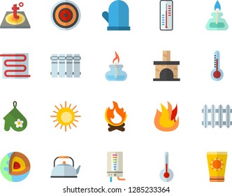 Color flat icon set warm floor flat vector, heating batteries, boiler, teapot, potholder, fire, induction cooker, temperature, thermometer, bonfire, fireplace, radiator, gas burner, sun
