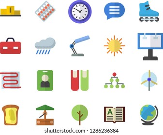 Color flat icon set warm floor flat vector, sandwich, well, tree, sun, rain, billboard, clock, pill packaging, briefcase, reading lamp, book, windmill, classification, pedestal, roller Skates, chat