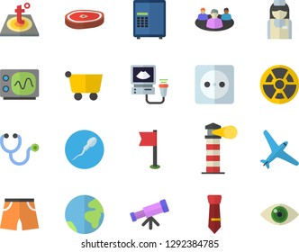 Color flat icon set warm floor flat vector, chop, socket, radiation, grocery trolley, lighthouse, stethoscope, ultrasound, nurse, sperm, tie, oscilloscope, telescope, athletic shorts, sports flag
