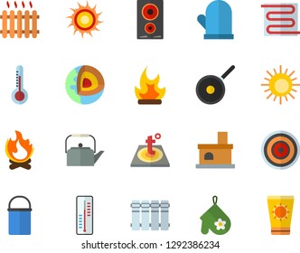 Color flat icon set warm floor flat vector, heating batteries, hiking pot, teflon, teapot, potholder, induction cooker, thermometer, bonfire, fireplace, radiator, core of the earth fector, sun