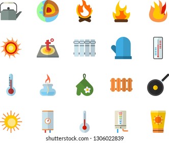 Color flat icon set warm floor flat vector, heating batteries, boiler, teflon, teapot, potholder, fire, temperature, thermometer, bonfire, gas burner, core of the earth fector, sun, protection cream