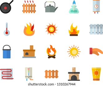 Color flat icon set warm floor flat vector, heating batteries, boiler, hiking pot, teflon, teapot, potholder, fire, temperature, bonfire, fireplace, radiator, gas burner, sun fector