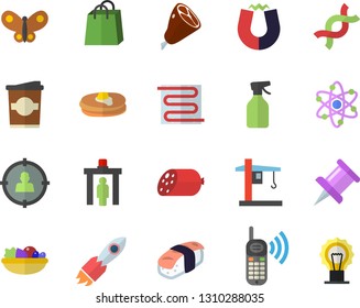 Color flat icon set warm floor flat vector, pancakes, sausage, salad, ham, sashimi, coffe, pulverizer, butterflies, crane, target audience, rocket, phone call, bags, DNA, drawing pin, atom, magnet