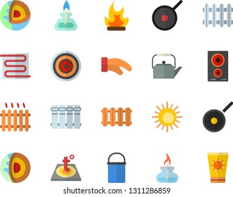 Color flat icon set warm floor flat vector, heating batteries, hiking pot, teflon, teapot, potholder, induction cooker, bonfire, radiator, gas burner, core of the earth fector, sun, protection cream