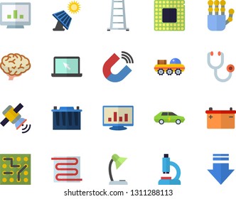 Color flat icon set warm floor flat vector, ladder, solar battery, accumulator, electric cars, magnet, stethoscope, microscope, computer chart, reading lamp, laptop, robot hand, satellit, cpu, brain