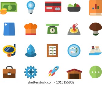 Color flat icon set warm floor flat vector, weighing machine, cook hat, cutting board, salad, mushroom, lamp, cogwheel, drop, warehouse, rocket, cash, credit card, book balance accounting, briefcase
