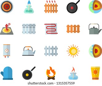 Color flat icon set warm floor flat vector, heating batteries, boiler, teflon, teapot, potholder, induction cooker, bonfire, radiator, gas burner, core of the earth fector, sun, protection cream