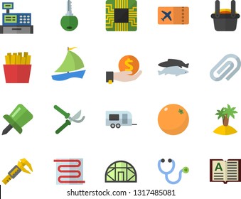 Color flat icon set warm floor flat vector, French fries, fish, orange, secateurs, greenhouse, trammel, motherboard, metallurgy, investments, sailboat, cash machine, stethoscope, clip, drawing pin