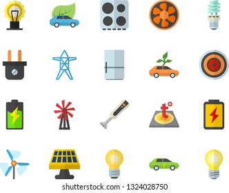 Color flat icon set warm floor flat vector, electric stove, induction cooker, blender, fridge, windmill, ventilation, battery, solar, plug socket, power line support, energy saving lamp, eco cars