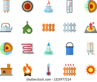 Color flat icon set warm floor flat vector, heating batteries, boiler, hiking pot, teapot, potholder, induction cooker, thermometer, bonfire, fireplace, radiator, gas burner, sun