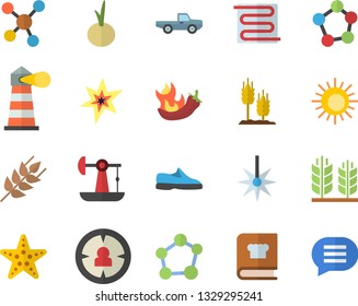 Color flat icon set warm floor flat vector, cookbook, ear, onion, hot peppers, pickup truck, oil pumping, laser, lighthouse, target audience, molecules, molecule, spark, sneakers, sun fector, chat