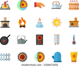 Color flat icon set warm floor flat vector, boiler, teflon, teapot, potholder, induction cooker, thermometer, bonfire, fireplace, radiator, gas burner, core of the earth fector, sun