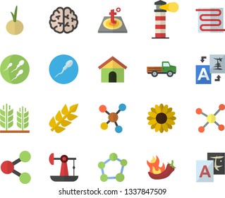 Color flat icon set warm floor flat vector, onion, hot peppers, pickup truck, flower, oil pumping, lighthouse, molecules, sperm, molecule, ear, brain, house, translate