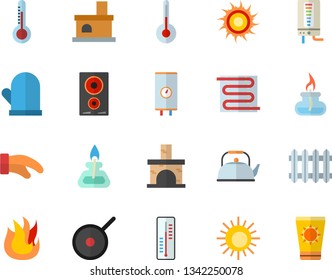 Color flat icon set warm floor flat vector, boiler, teflon, teapot, potholder, fire, induction cooker, temperature, thermometer, fireplace, radiator, gas burner, sun fector, protection cream