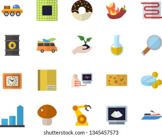 Color flat icon set warm floor flat vector, cheese, mushroom, donut, hot peppers, seedlings, oil tanks, robotics, chart, clock, pills, medical analysis, diagnostics, ultrasound, notebook, cpu