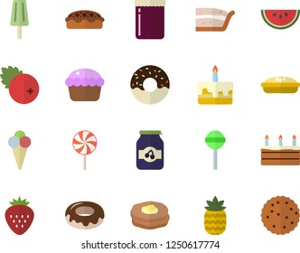Color flat icon set watermelon flat vector, cupcake, piece of cake, donut, pie, lollipop, ice cream, jam, cranberry, Strawberry, pineapple, pancakes, biscuit