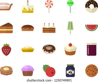 Color flat icon set watermelon flat vector, cupcake, piece of cake, donut, pie, lollipop, ice cream, jam, cranberry, Strawberry, pancakes, biscuit