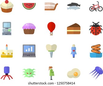 Color flat icon set watermelon flat vector, cupcake, piece of cake, fish, scrambled eggs, ladybird, virus, gestation, implant, computer, bicycle fector, balloon, aquapark, jellyfish