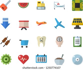 Color flat icon set watermelon flat vector, porridge, shashlik, solar battery, motherboard, grocery trolley, cogwheel, flipchart, calendar, cash machine, hospital bed, caries, clipboard, heartbeat