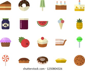 Color flat icon set watermelon flat vector, cupcake, piece of cake, donut, pie, lollipop, ice cream, jam, cranberry, pineapple, biscuit