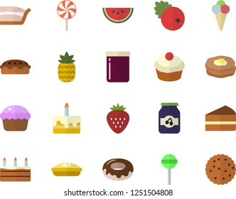 Color flat icon set watermelon flat vector, cupcake, piece of cake, donut, pie, lollipop, ice cream, jam, cranberry, Strawberry, pineapple, pancakes, biscuit