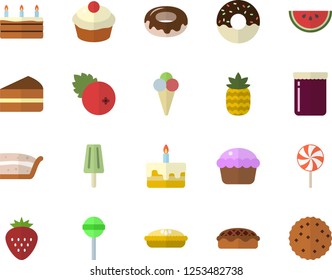 Color flat icon set watermelon flat vector, cupcake, piece of cake, donut, pie, lollipop, ice cream, jam, cranberry, Strawberry, pineapple, biscuit