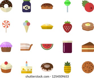 Color flat icon set watermelon flat vector, cupcake, piece of cake, donut, pie, lollipop, ice cream, jam, cranberry, Strawberry, pineapple, pancakes, biscuit