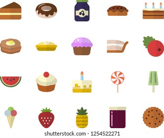 Color flat icon set watermelon flat vector, cupcake, piece of cake, donut, pie, lollipop, ice cream, jam, cranberry, Strawberry, pineapple, pancakes, biscuit