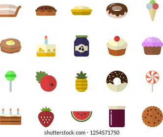 Color flat icon set watermelon flat vector, cupcake, piece of cake, donut, pie, lollipop, ice cream, jam, cranberry, Strawberry, pineapple, pancakes, biscuit