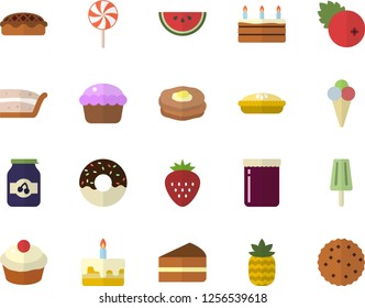 Color flat icon set watermelon flat vector, cupcake, piece of cake, donut, pie, lollipop, ice cream, jam, cranberry, Strawberry, pineapple, pancakes, biscuit