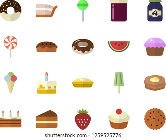 Color flat icon set watermelon flat vector, cupcake, piece of cake, donut, pie, lollipop, ice cream, jam, Strawberry, pancakes, biscuit