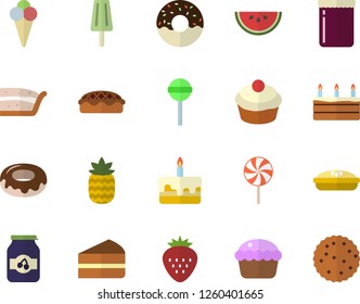 Color flat icon set watermelon flat vector, cupcake, piece of cake, donut, pie, lollipop, ice cream, jam, Strawberry, pineapple, biscuit