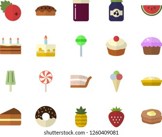 Color flat icon set watermelon flat vector, cupcake, piece of cake, donut, pie, lollipop, ice cream, jam, cranberry, Strawberry, pineapple, pancakes