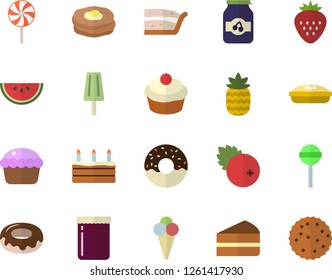 Color flat icon set watermelon flat vector, cupcake, piece of cake, donut, pie, lollipop, ice cream, jam, cranberry, Strawberry, pineapple, pancakes, biscuit