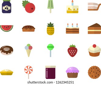 Color flat icon set watermelon flat vector, cupcake, piece of cake, donut, pie, lollipop, ice cream, jam, cranberry, Strawberry, pineapple, biscuit