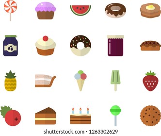 Color flat icon set watermelon flat vector, cupcake, piece of cake, donut, pie, lollipop, ice cream, jam, cranberry, Strawberry, pineapple, pancakes, biscuit