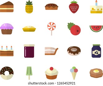 Color flat icon set watermelon flat vector, cupcake, piece of cake, donut, pie, lollipop, ice cream, jam, cranberry, Strawberry, pineapple, pancakes
