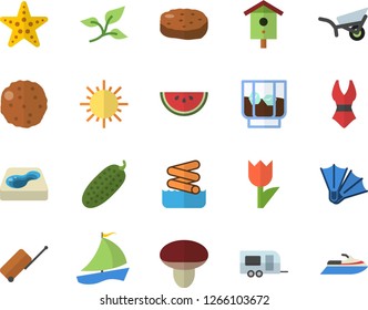 Color flat icon set watermelon flat vector, cutlet, cucumber, whiskey, mushroom, nesting box, garden wheelbarrow, tulip, sun, pool, tree leaf, sailboat, swimsuit, trailer fector, luggage, flippers
