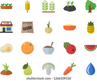 Color flat icon set watermelon flat vector, mushroom, porridge, onion, scrambled eggs, cranberry, pineapple, pear, orange, seeds, ear, carrot, tree, grain warehouse, planting plants, seedlings, drop