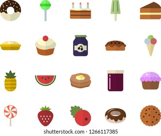 Color flat icon set watermelon flat vector, cupcake, piece of cake, donut, pie, lollipop, ice cream, jam, cranberry, Strawberry, pineapple, pancakes, biscuit