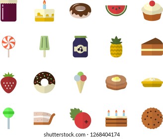 Color flat icon set watermelon flat vector, cupcake, piece of cake, donut, pie, lollipop, ice cream, jam, cranberry, Strawberry, pineapple, pancakes, biscuit