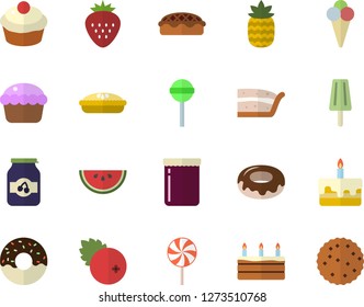 Color flat icon set watermelon flat vector, cupcake, piece of cake, donut, pie, lollipop, ice cream, jam, cranberry, Strawberry, pineapple, biscuit