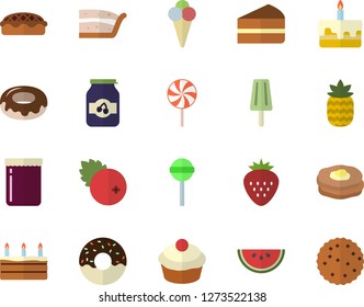 Color flat icon set watermelon flat vector, cupcake, piece of cake, donut, pie, lollipop, ice cream, jam, cranberry, Strawberry, pineapple, pancakes, biscuit