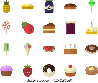 Color flat icon set watermelon flat vector, cupcake, piece of cake, donut, pie, lollipop, ice cream, jam, cranberry, Strawberry, pineapple, pancakes