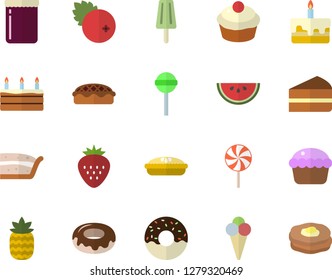 Color flat icon set watermelon flat vector, cupcake, piece of cake, donut, pie, lollipop, ice cream, jam, cranberry, Strawberry, pineapple, pancakes