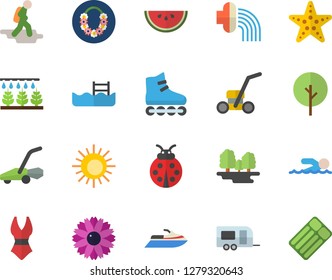 Color flat icon set watermelon flat vector, tree, flower, ladybird, sprinkling machine, hose irrigation, lawn mower, forest, swimsuit, roller Skates, swimming, pool, trailer fector, hike, sun