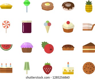 Color flat icon set watermelon flat vector, cupcake, piece of cake, donut, pie, lollipop, ice cream, jam, cranberry, Strawberry, pineapple, pancakes, biscuit