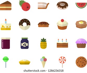 Color flat icon set watermelon flat vector, cupcake, piece of cake, donut, pie, lollipop, ice cream, jam, cranberry, pineapple, pancakes, biscuit