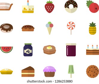 Color flat icon set watermelon flat vector, cupcake, piece of cake, donut, pie, lollipop, ice cream, jam, cranberry, Strawberry, pineapple, pancakes, biscuit
